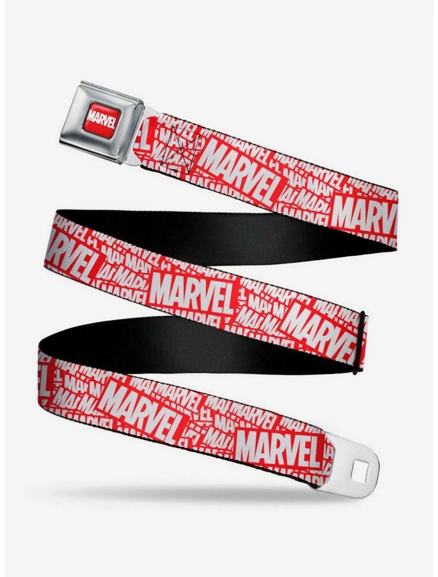 * Belts Marvel Red Brick Logo Stacked Red White Youth Seatbelt Belt | Belts