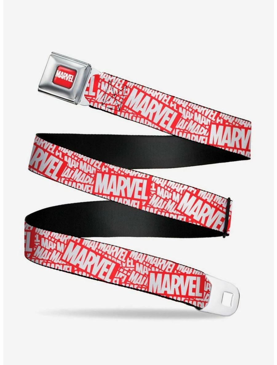 * Belts Marvel Red Brick Logo Stacked Red White Seatbelt Belt | Belts