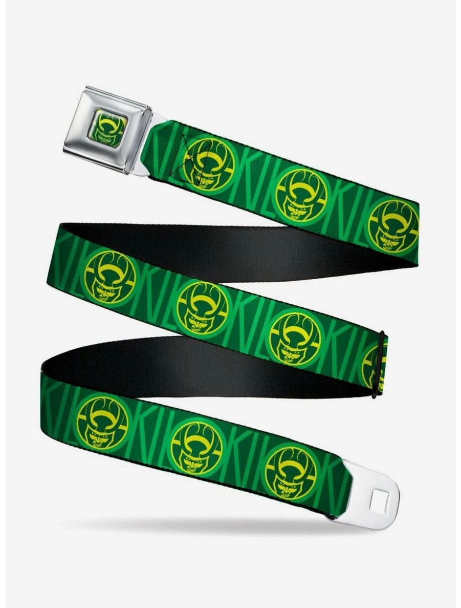 * Belts Marvel Loki Text With Face Icon Greens Yellow Seatbelt Belt | Belts