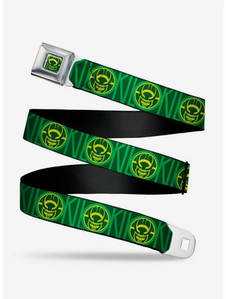 * Belts Marvel Loki Text With Face Icon Greens Yellow Youth Seatbelt Belt | Belts